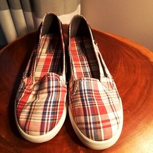 Sperry Topsider Red White & Blue Plaid Slip-On Deck Shoes - 8